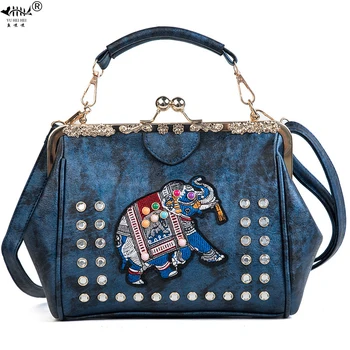 

Diamonds Embroidery Elephant Kiss Lock Shell Women Shoulder Bag Crossbody Bags Vintage PU Leather Tote Women's Handbags Purses