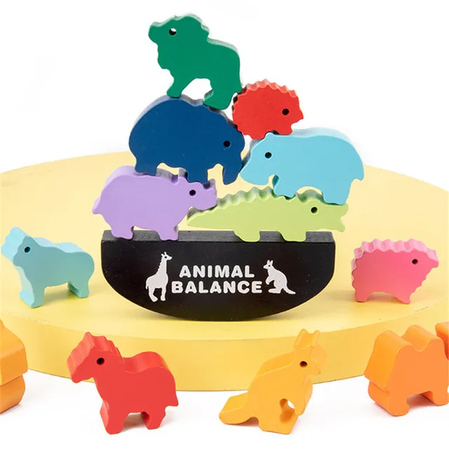 Children Montessori Wooden Animal Balance Blocks Board Games Toy Dinosaur Educational Stacking High Building Block Wood Toy Boys 2