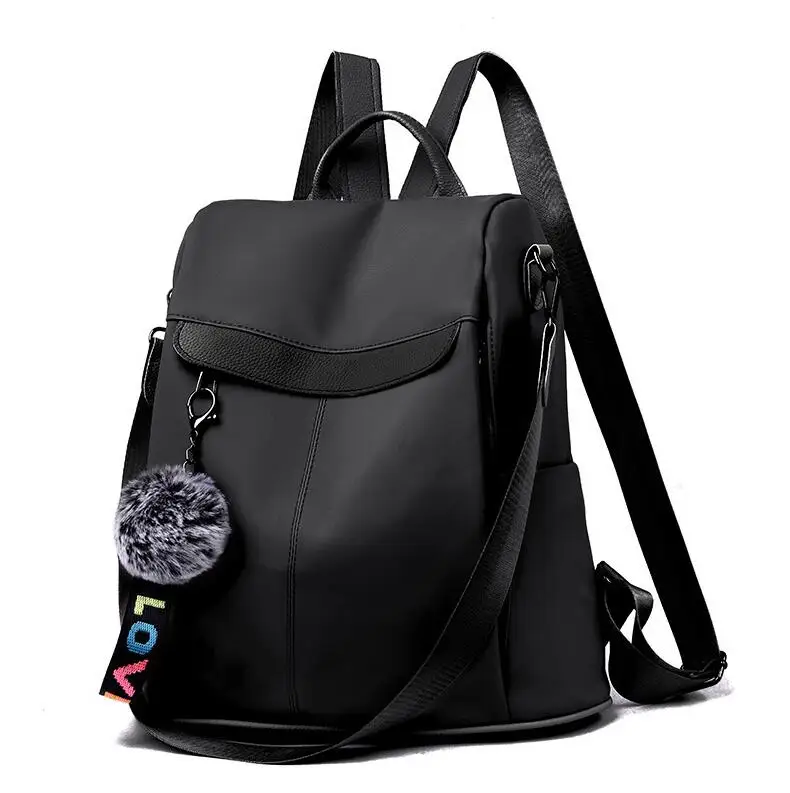 Black Waterproof Casual Women Backpack Purse Anti-theft Rucksack Mochila Hairball Lightweight School Shoulder Bag for Teenagers Girls - Цвет: Black