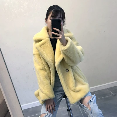 gold Новинка Натуральная Овечья шуба женская куртка из натурального меха шерстяное пальто очень теплое для зимы Размер Большой F1117 - Цвет: gold