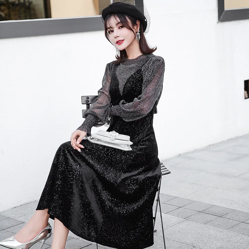 

2018 Autumn Clothing New Style Korean-style Long Skirts Women's Elegant Goddess-Style Suit Dress Strapped Dress Two-Piece Set