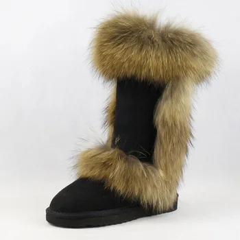 

Fashion Big Fox Fur Non-slip Snow Boots Women Boots Shoes Genuine Leather Winter Boots Thick Plush Warm Long Boots