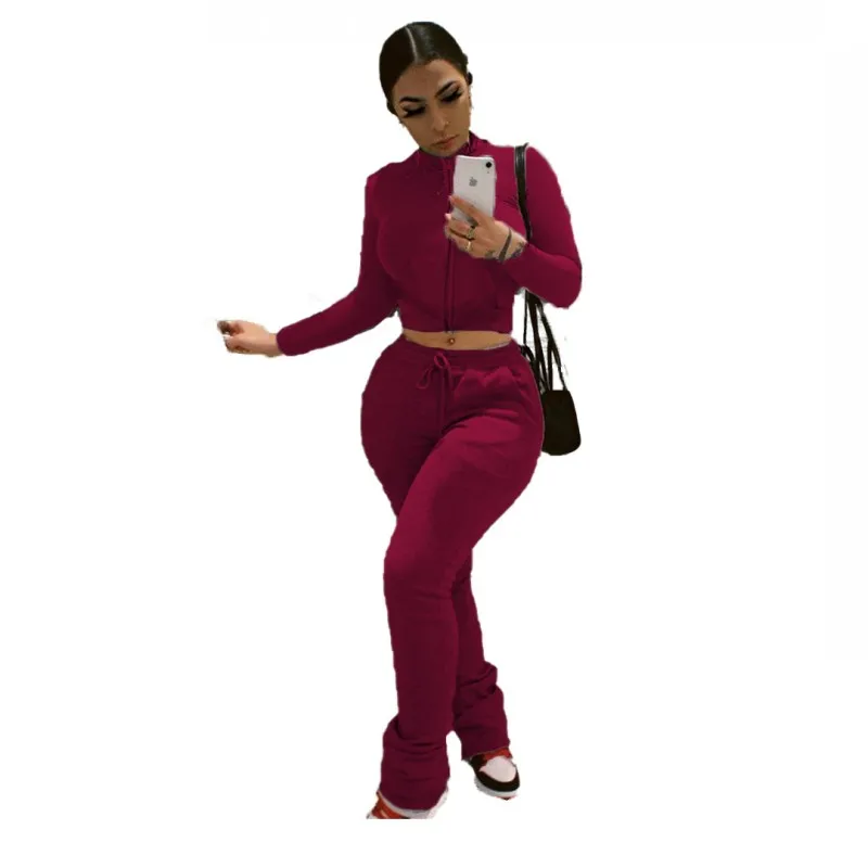 

Winter New Style Plus Cashmere Sweater Pocket Two-piece Women's Solid Color Zipper Top And Straight Pants Fashion Women's Suit
