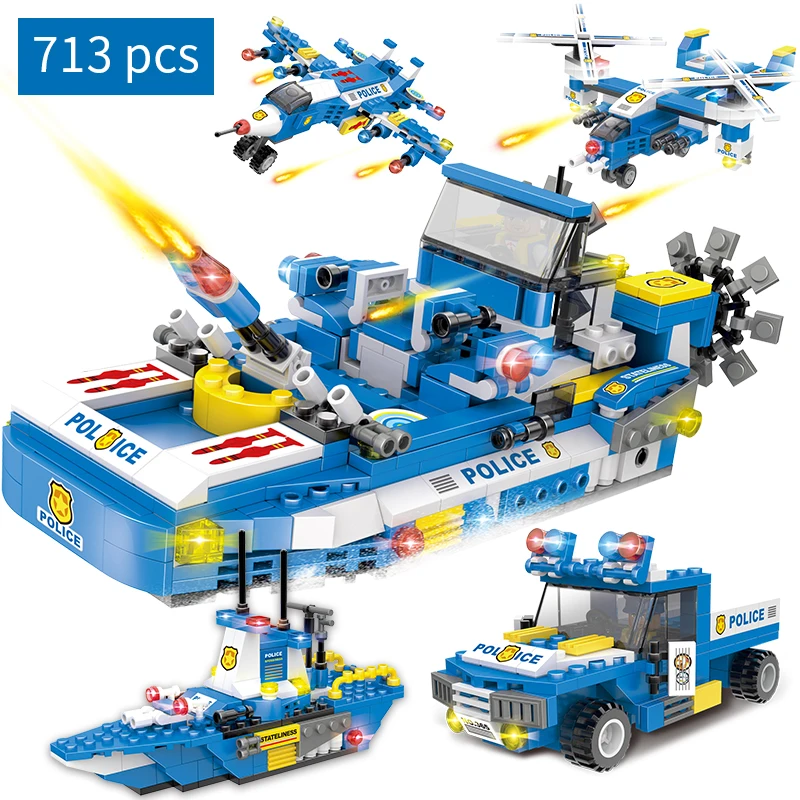 

713Pcs City Police Building Blocks 4in1 Military Battleship Sets Blocks DIY Technic Car Airplane Speedboat Bricks Toys For Kids
