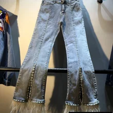 Европейские осенние новые тяжелые алмазные бусины с высокой талией обтягивающие джинсы брюки с перьями