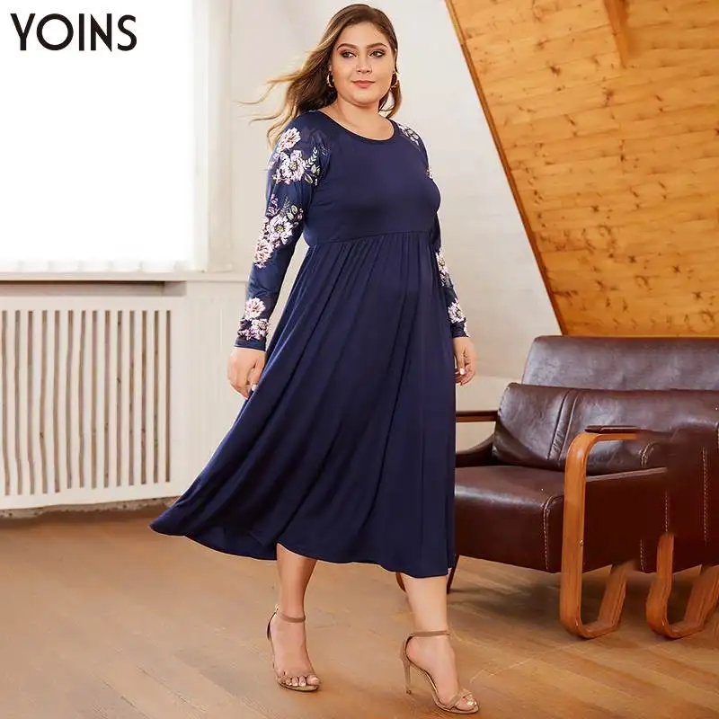 YOINS 2020 Women Elegant Floral Print Pleated Midi Dress Female Winter Long Sleeve Round Neck Dresses Casual Plus Size Vestidos | Женская
