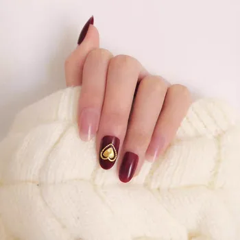 

24pcs Full Cover Glitter Red Pink Double Heart Fake press on Nails Shiny Solid Color Detachable 3D Bride False Nail with Glue T