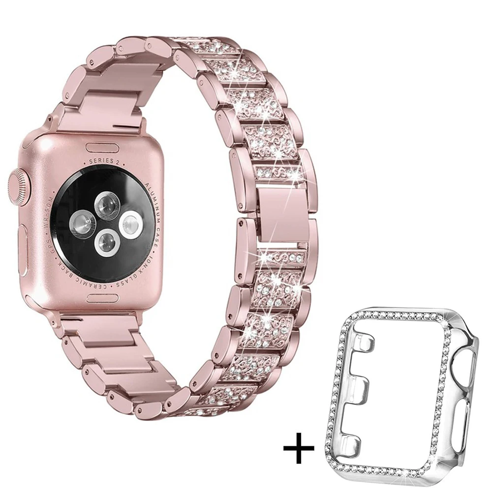 Rose-pink-silver cas Ремешок со стразами+ чехол для Apple Watch 38 мм 42 мм металлические стразы сменный Браслет для женщин iWatch 40 мм 44 мм серия 5 4 - Цвет ремешка: Rose-pink-silver cas