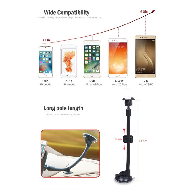  Windshield Car Phone Holder Long Arm Windshield Mount Stand Cradle Universal Support for SmartPhone