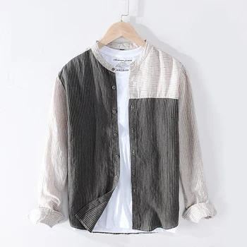 

100% Linen Long Sleeves Shirts Spring Retro Stand Collar Casual Comfortable Striped Patchwork Shirts Male Tops Y2426