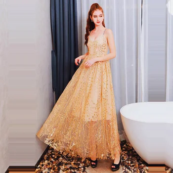 

Prom Dress New Shining Sequin Prom Gown 2019 E587 A-line Floor Length Women Party Dreses Elegant V-neck Lace Vestidos De Gala