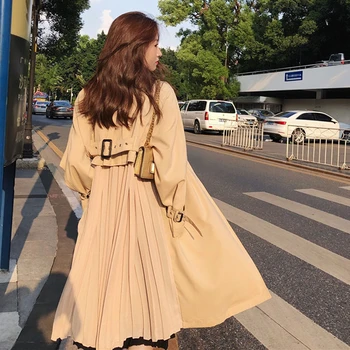 

Spring Japan korean style Long Sleeves spring pleated trench coat women Long sleeve windbreaker overcoats abrigo mujer New FY107