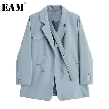 

[EAM] Women Blue Biref Button Temperament Lazer New Lapel Long Sleeve Loose Fit Jacket Fashion Tide Spring Autumn 2020 1U977