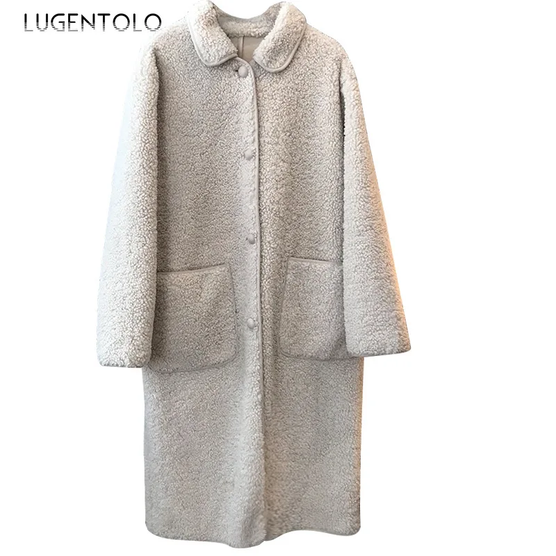 Lugentolo, Женское пальто, зимнее, шерстяное, свободное, из овечьей шерсти, корейское, теплое, отложной воротник, одноцветное, повседневное, с карманами, однобортное, простое пальто