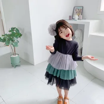 

Girls spring and autumn pits gradient mesh gauze skirt cake princess skirt small and medium children's fashion long-sleeved dres
