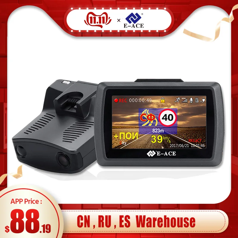E-ACE dvr автомобиля антирадар, gps 3 в 1 видео регистраторы 1296 P Dashcam ночное видение Авто Камара ADAS русский язык Регистратор
