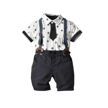 

The new child suit children striped tie diamond cotton twill cardigan fake two strap means denim pants