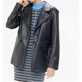 

Women Autumn Punk Cool Black Faux Leather Jackets Fashion Black Long Sleeve Turn-Down Collar Coats