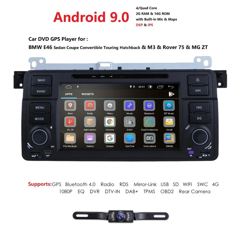 

4G LTE Android9.0 Quad Core Car Radio DVD GPS Navigation Stereo for BMW E46 3 Series M3 1998-2006 RAM 2GB HD 1024*600 DAB+ AM FM