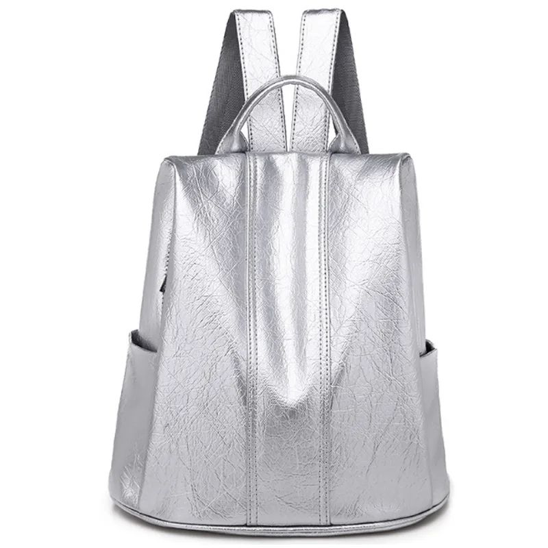 

New Shoulder Bag Large Capacity Simple Personality Anti-Theft Bag Casual Wild Soft Leather Backpack Silver