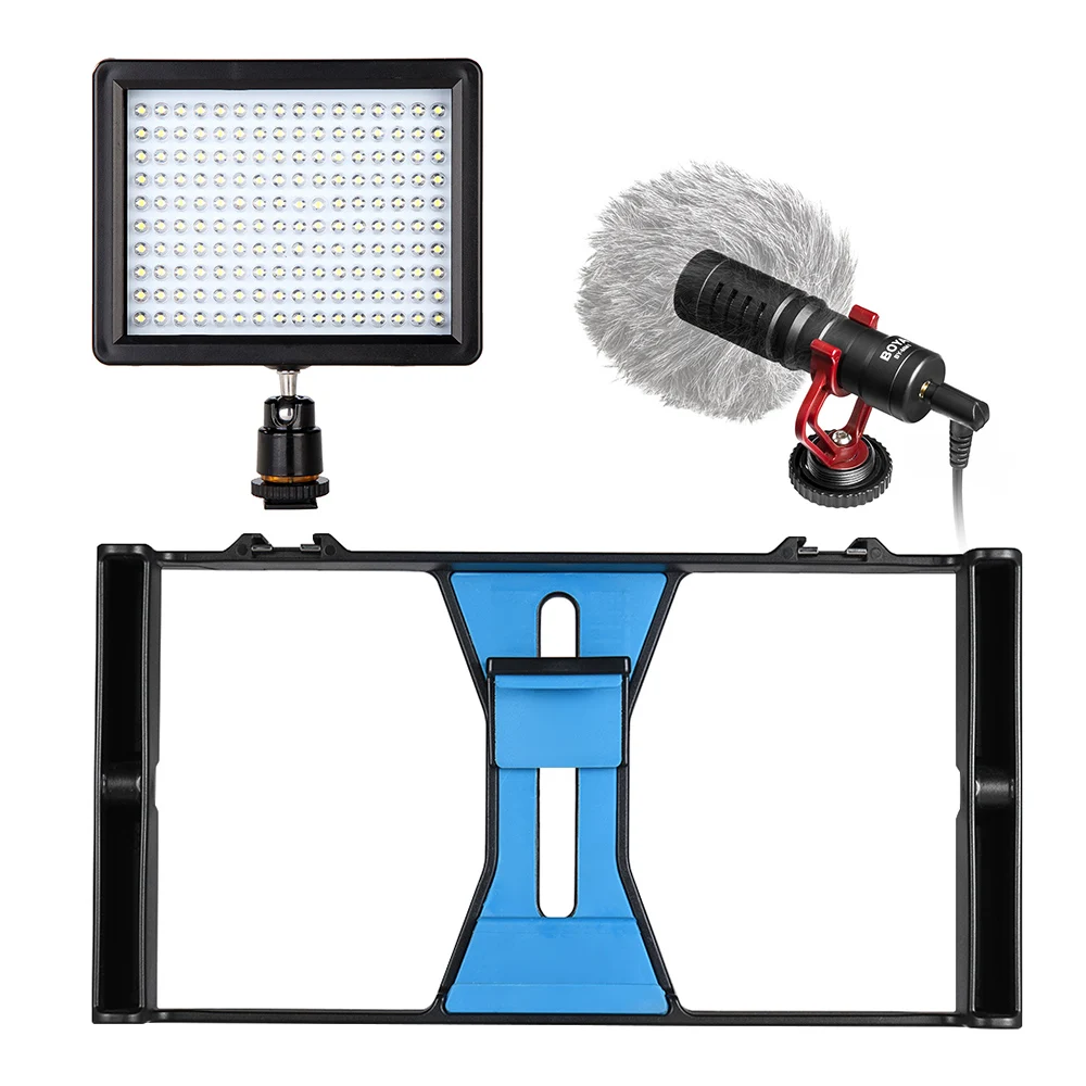  Handheld Video Rig Phone Tripod Mount Stabilizer + Dimmable LED Light + Microphone for Smartphone P