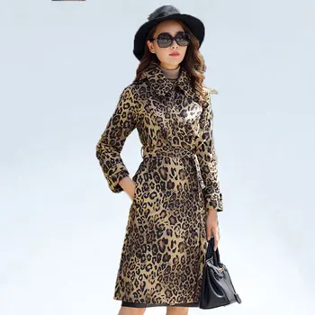 

2020 spring coat new arrival fashion leopard print turn down collar long trench coat for women elegant windbreaker with belt