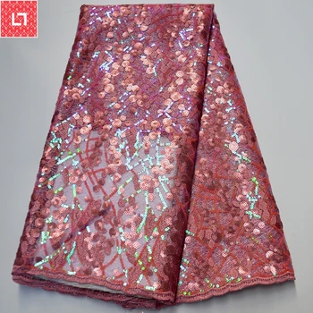 

CS-Latest Pink Nigerian Lace Fabrics African Lace Fabric 2020 High Quality Velvet Lace With Sequins For Wedding Dress 5 Yards