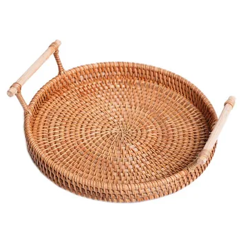 

Rattan Bread Basket Round Hand-Woven Tea Tray With Handles For Serving Dinner Parties Coffee Breakfast