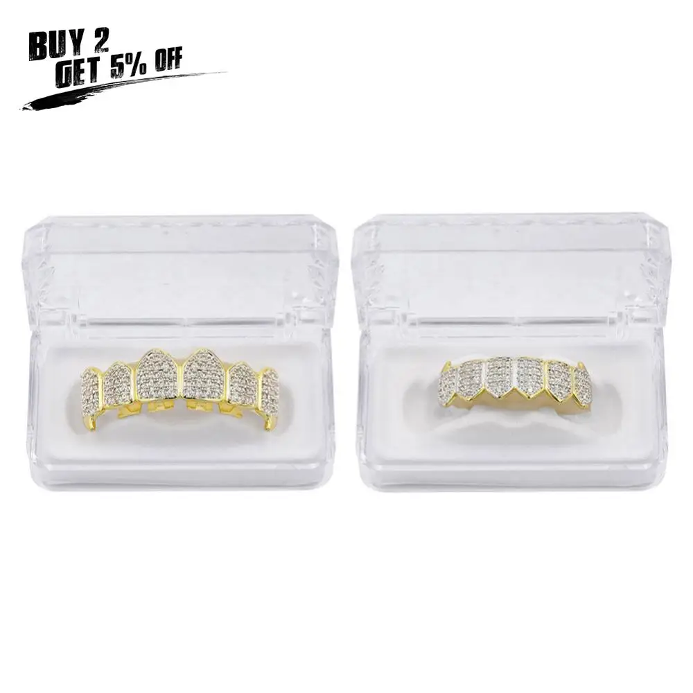 JINAO хип хоп ЗУБЫ Grillz GOLD Цвет & посеребренные Micro Pave CZ Золотой Клык верхней и нижней