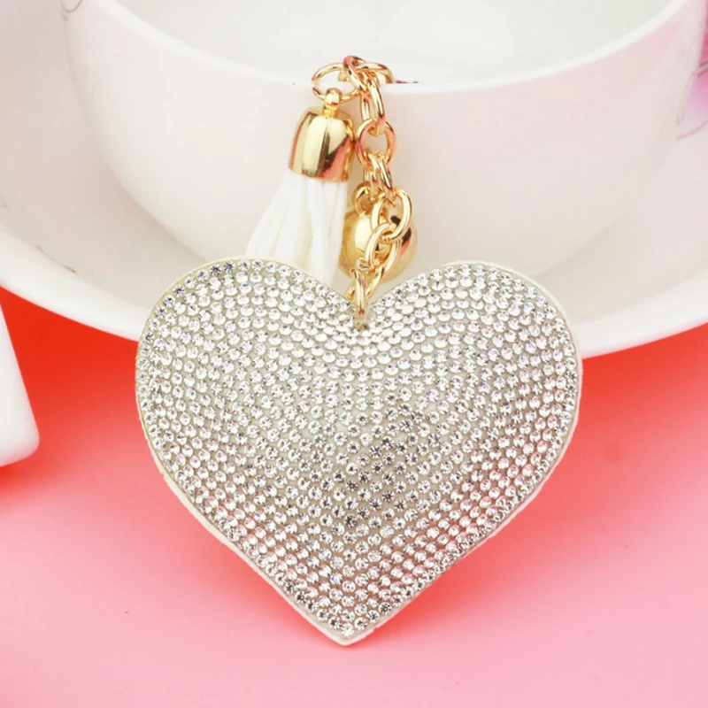 Fashion Keychain Heart Shape Female Full Glass Beads Key Covers Mosaic Leather Fringed Key Chain Car Ring Cap Gift - Color: 22