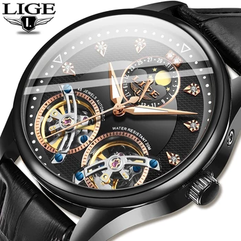 

LIGE Official New Men Mechanical Watch Automatic Tourbillon Fashion Watches Leather Waterproof Sport High Quality Watch Men 2020