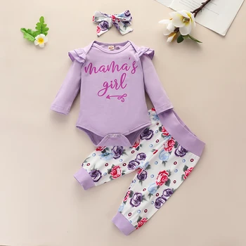 

Baby Long Sleeve Romper Tops Flower Print Autumn Baby Girls Clothes Set Trousers Headband Outfits for Baby Clothes Infant