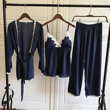 

Satin Pajamas For Women Elegant 3 Pieces Sleepwear Female Sexy Lace At All Seasons Silk Pajamas Set Coat+Vest+Pants 2020 Pijama