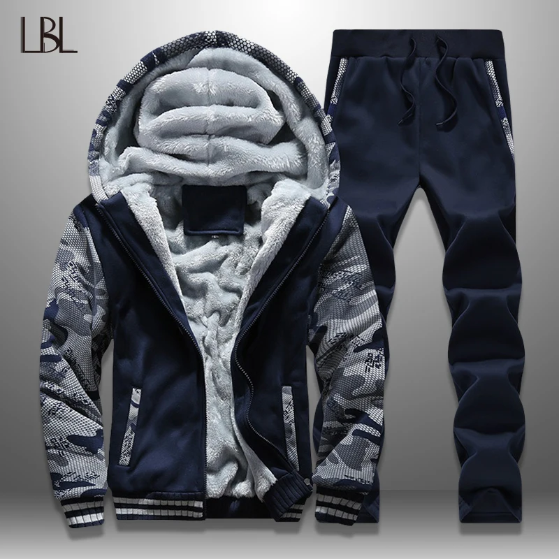 Ceny LBL zimowy zestaw dla mężczyzn Streetwear polarowe męskie dresy kurtka do kamuflażu spodnie zestawy grube Moleton Masculino ciepłe męskie ubrania nowe