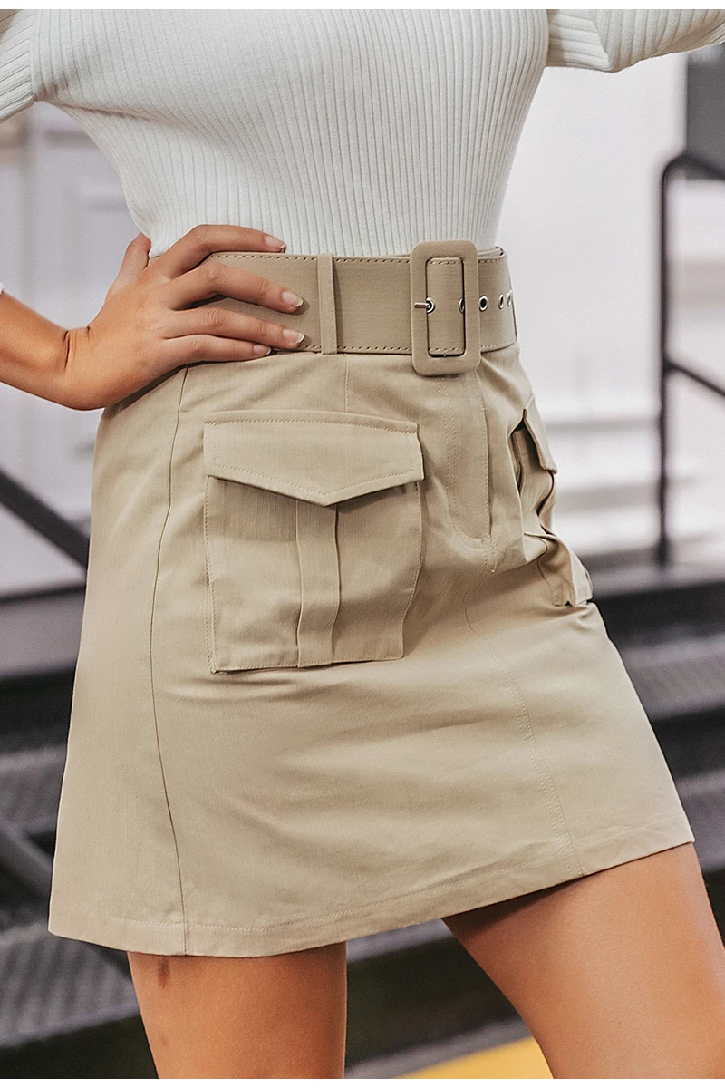 Simplee Sash belt Хлопковая женская короткая мини-юбка модная Осенняя Женская юбка трапециевидной формы с карманами Высокая талия Женская праздничная одежда юбка