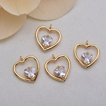 

6PCS 12x11MM 24K Gold Color Plated Brass with Zircon Heart Pendants Charms High Quality DIY Jewelry Making Findings