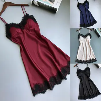 

ot Backless Spaghetti Strap Sexy Lace Thin Silk Dress Women Sleeveless V-Neck Summer Home Dress Solid Color Elegant Party Dress
