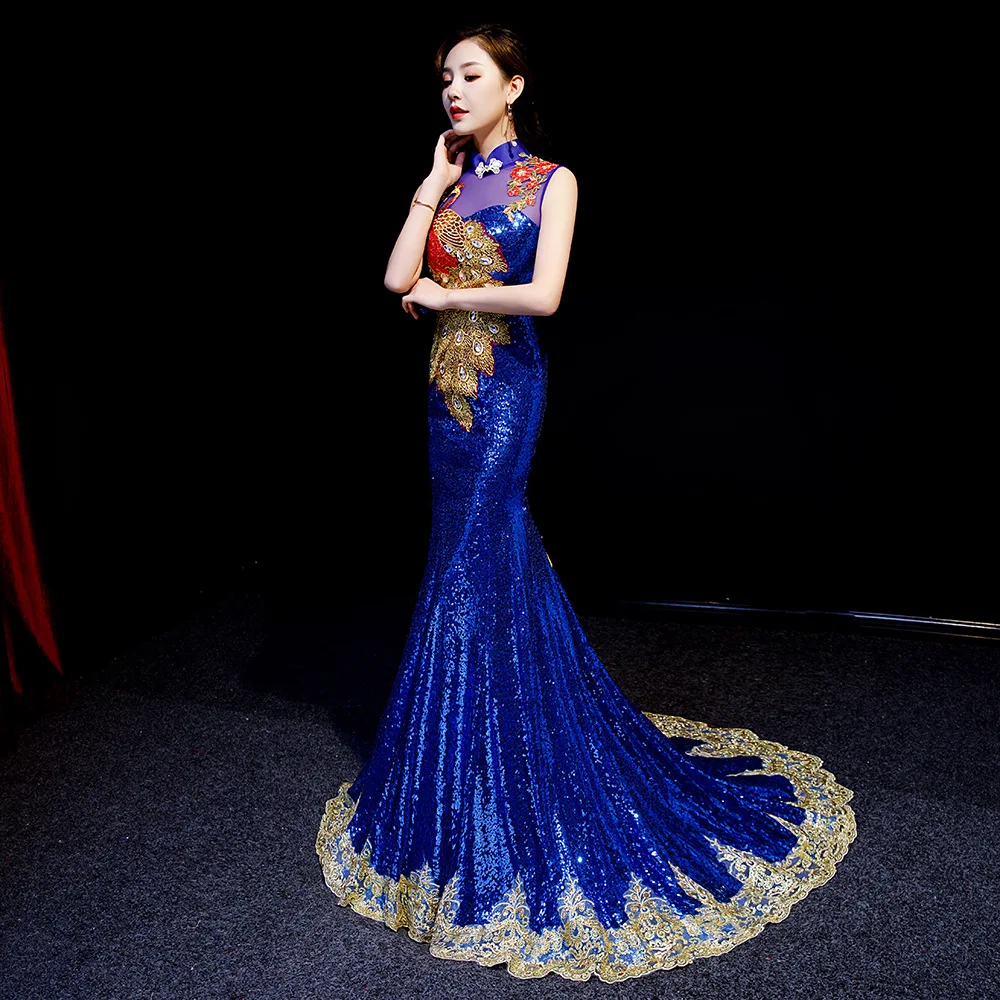 Павлин вышивка китайский стиль длинный шлейф Cheongsam сексуальные тонкие вечерние платья сценическая танцевальная одежда Qipao Vestidos