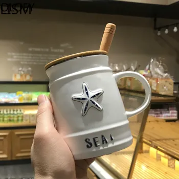

Cute Nordic Coffee Mug with Lid Cover Ceramic White Breakfast Milk Cup Creative Ocean Water Cups Cute Tea Mug Taza Ceramica 2020