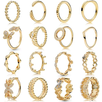 

New 925 Sterling Silver 100% Gold Crown Butterfly Bee Heart-shaped Wedding Ring Female Fashion Luxury Jewelry Birthday Gift