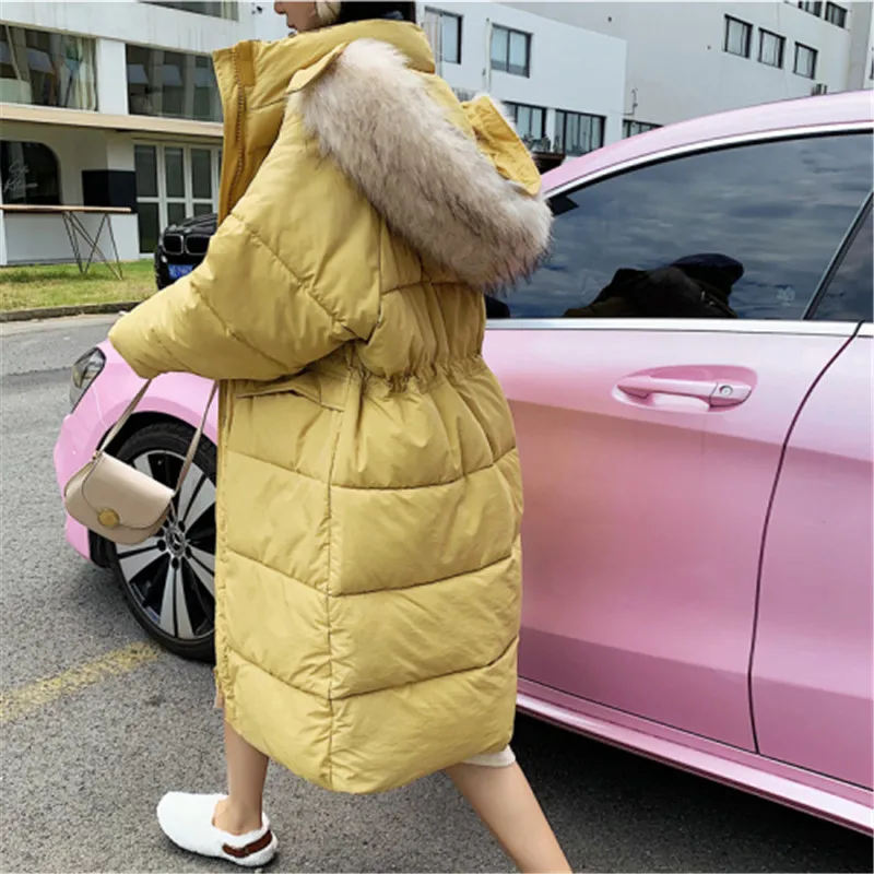 Elegant Big Fur Collar Hooded Long Winter Jacket Women Fashion Tunic Drawstring Coat Plus Size Cotton-padded Parkas | Женская одежда