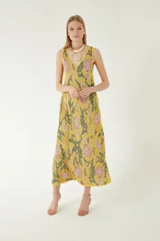

FLOWER PATTERNED V COLLAR STRAPPED KNITWEAR DRESS