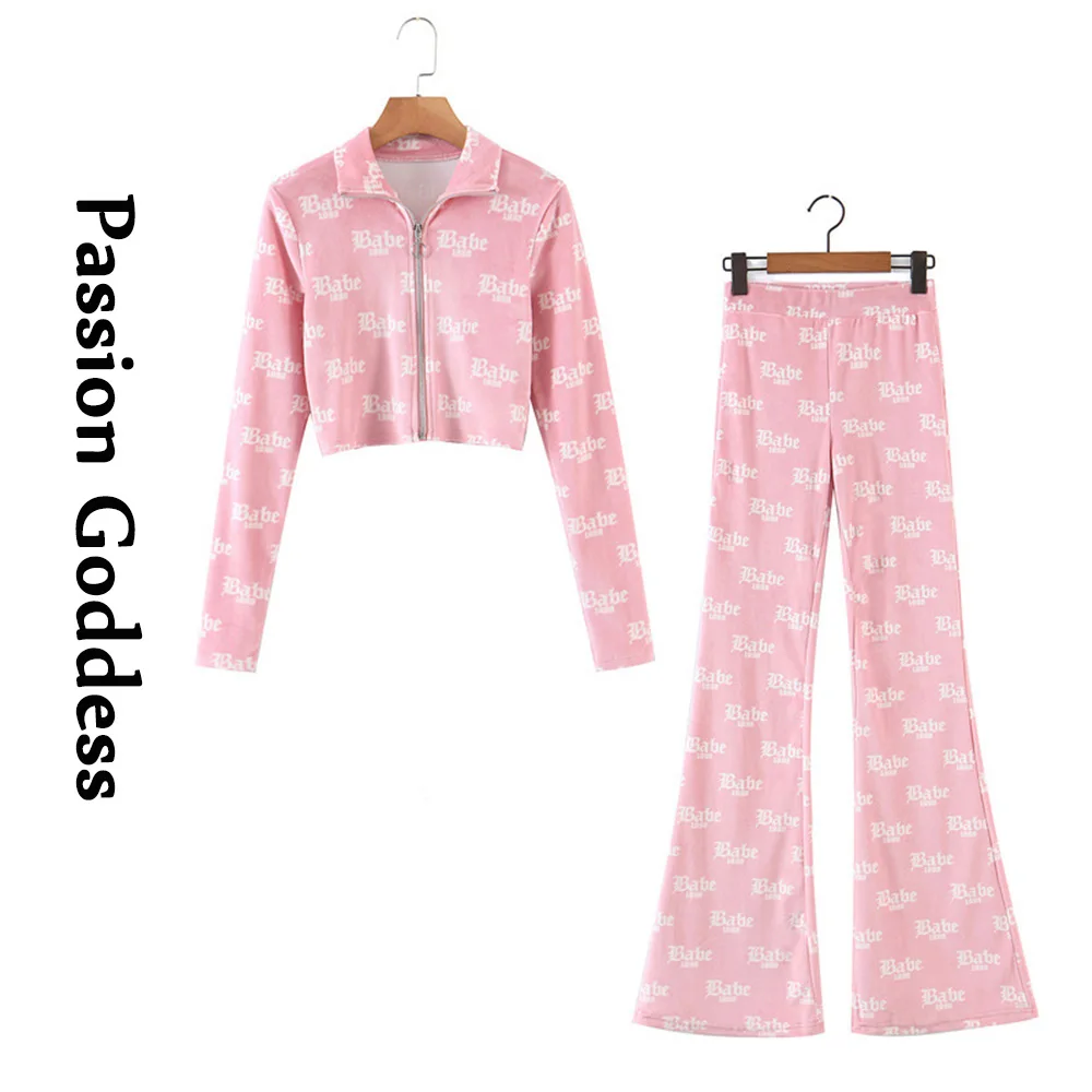 Cute Women set di 2 pezzi in velluto tute morbide e accoglienti Babe Letter  giacche con cerniera stampate pantaloni svasati a vita alta abiti a due  pezzi - AliExpress Women's Clothing