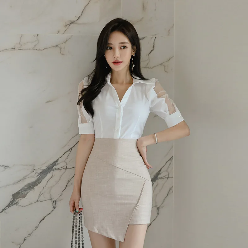 

2019 New Style Korean-style Business Debutante Ol Gauze Short-sleeved Shirt Tops + Slim Fit Sheath Skirt WOMEN'S Suit