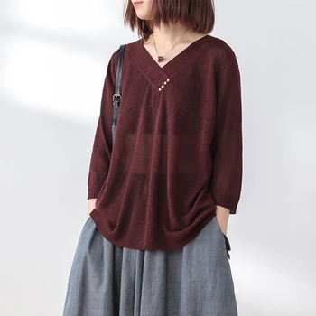 

Knitted Women Top V-neck Solid Female 7-point sleeve Casual Thin Tops Summer Knit Woman Shirt Loose Jumper Knit Sweater Pullover