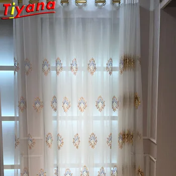 

Nordic Blue/Brown Geometric Embroidery Tulle Curtain for Living Room High-end Classical Window Drapes Panel for Villa HM176#30
