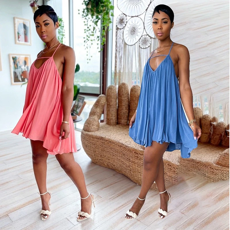 

Women Fashion Solid Ruffle Mini Dress Ice Silk Deep V Neck Halter Backless Sexy Loose Dress Nightclub Holiday Beach Outfits