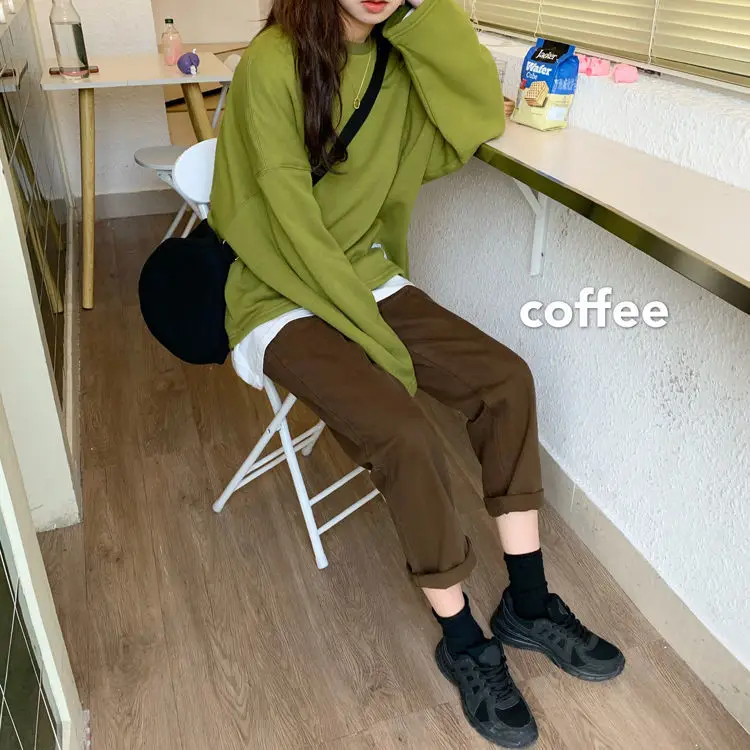 Jeans Women Solid Straight High Waist Jean Retro Korean Style BF Autumn Ankle-length Causal Denim Womens Simple Ins Trendy Daily