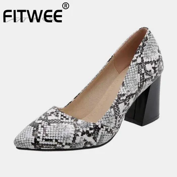 

FITWEE Fashion Women Pumps Snake Pattern Shoes Pointed Toe Square Heel Shoes Women Daily Office Women Footwear Size 32-43