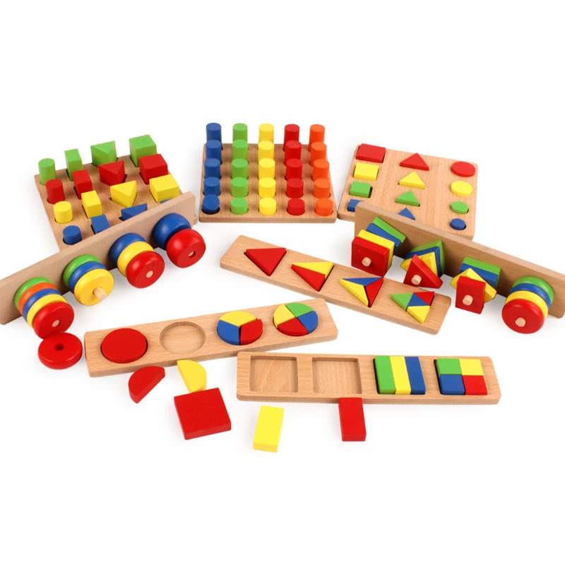 Montessori teaching aids 8 sets of geometric shapes paired combination early education puzzle wooden children's blocks toys